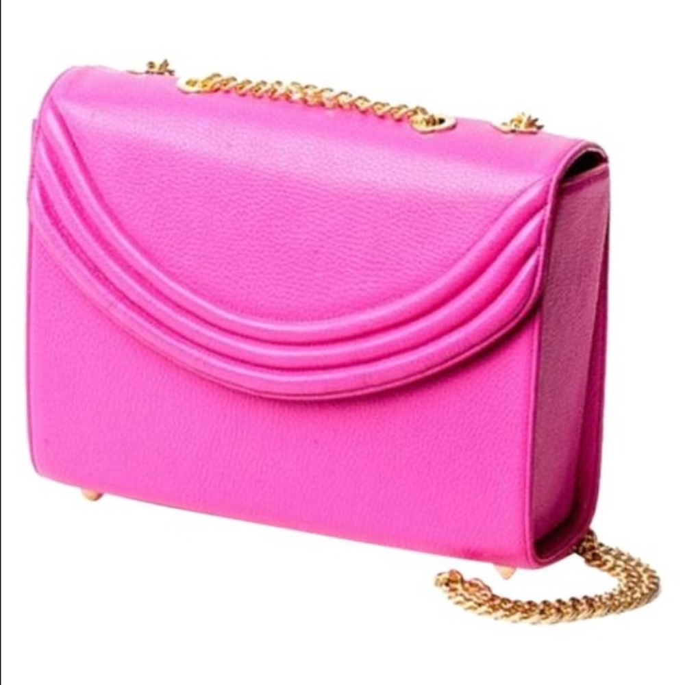 Lauren Cecchi Mezzo Pink Handbag with Gold Chain Strap Leather Flap Shoulder Bag